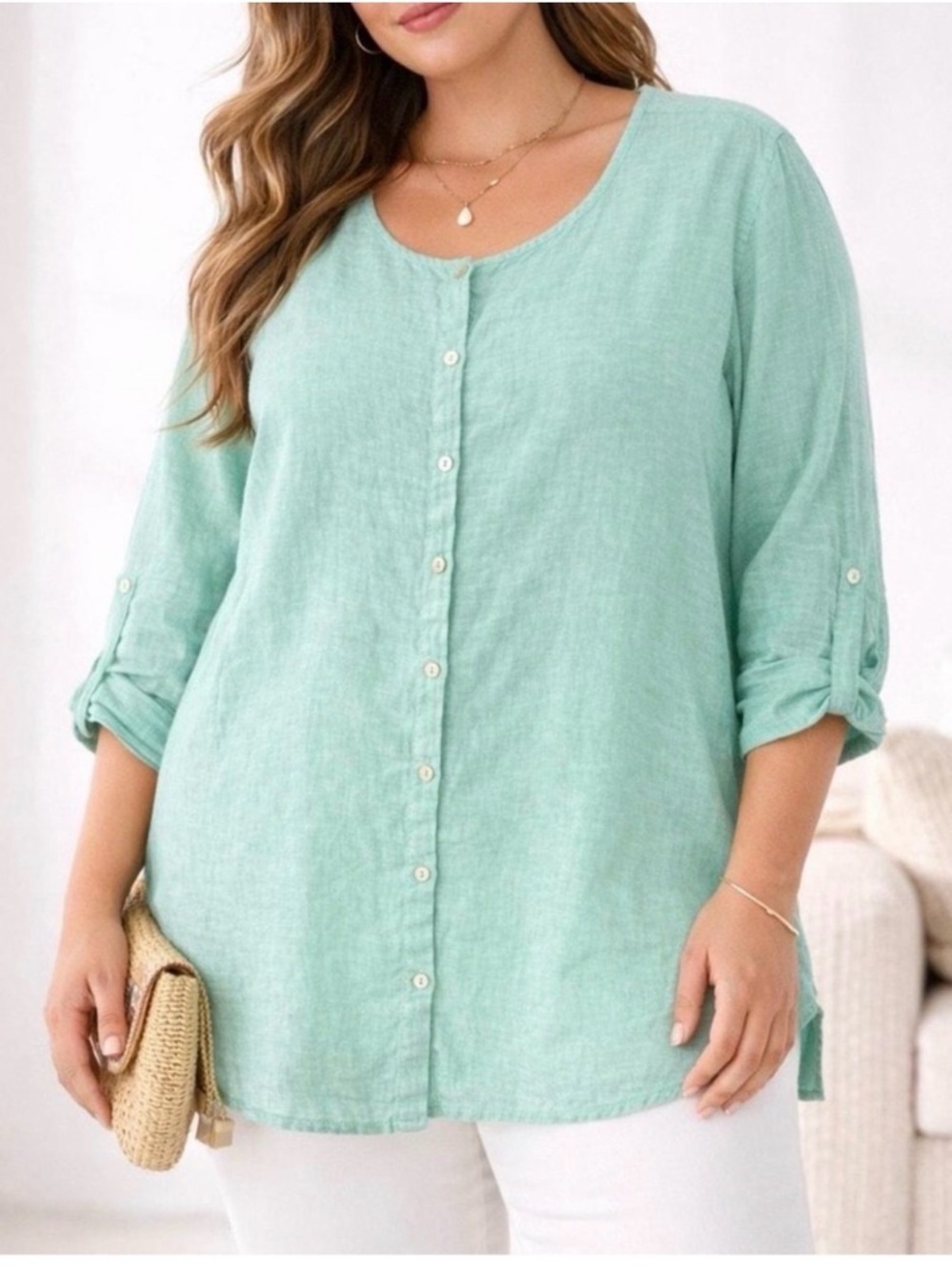 100% Linen Tahari Tunic Blouse With Roll Tab Sleeves Size 3X